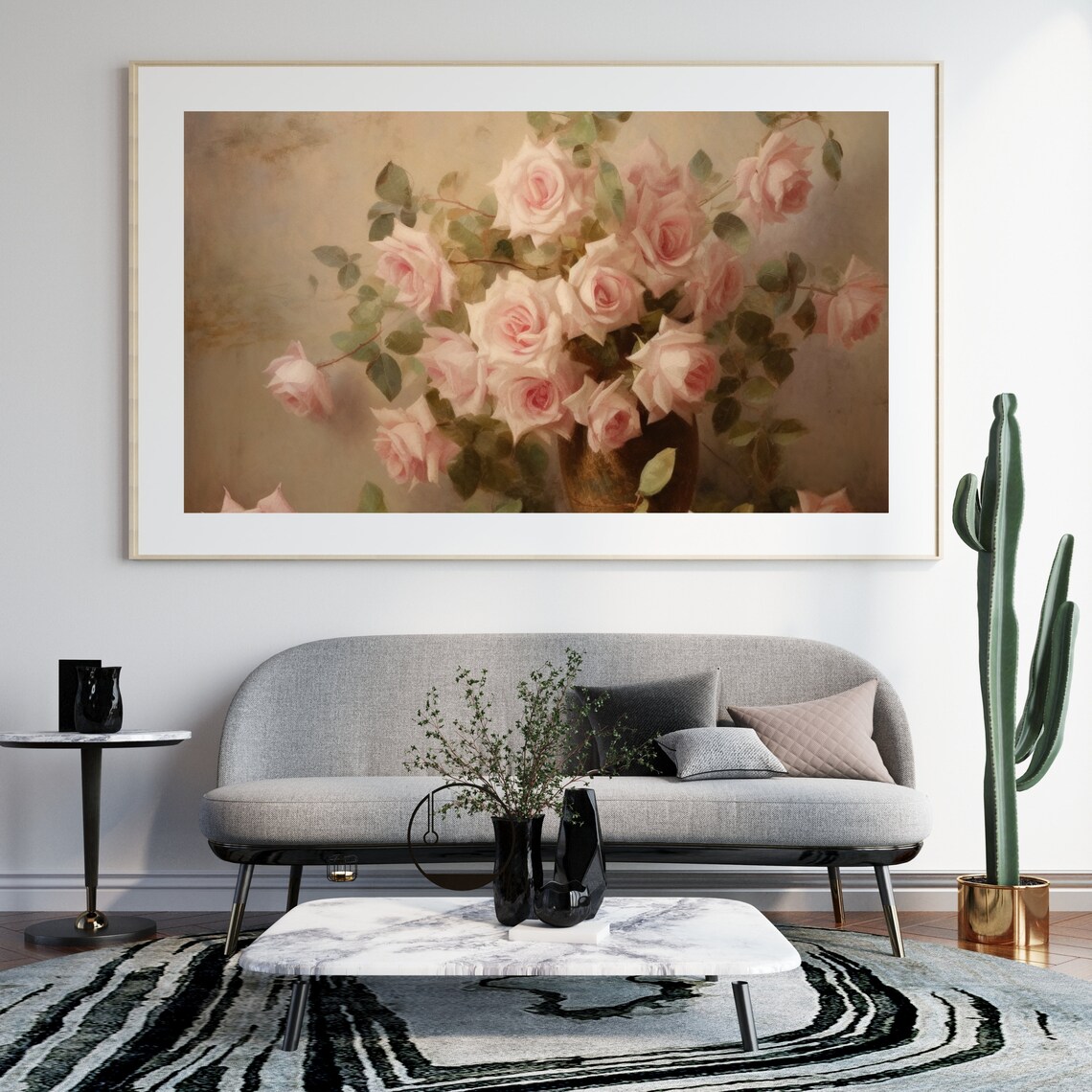 Vintage Pink Roses Still Life Oil Painting Vase Floral Poster - Image 3