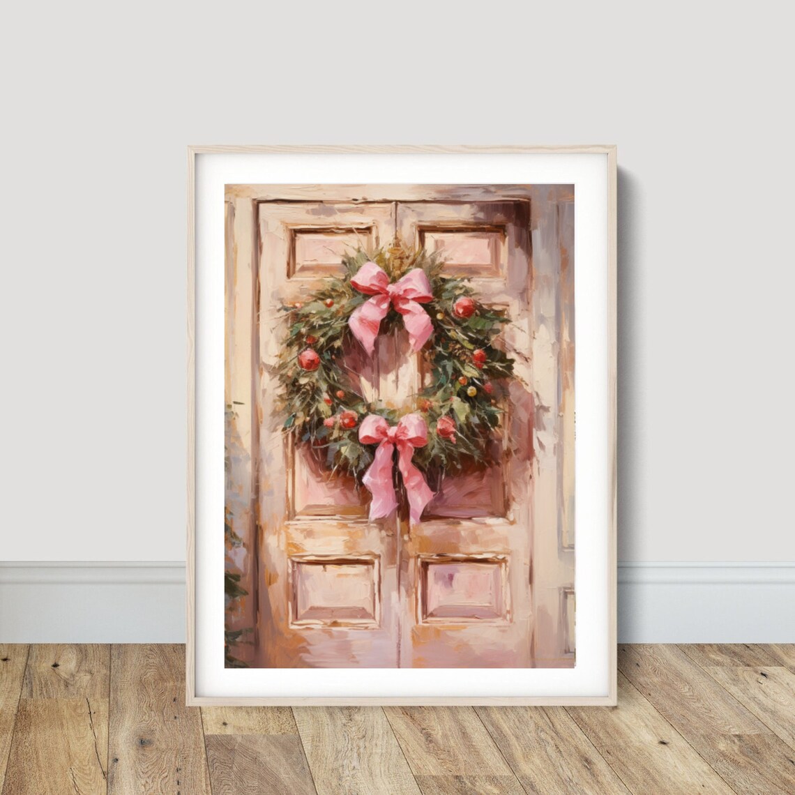 Pink Bow Christmas Wreath Vintage Door Holiday Painting Poster - Image 6