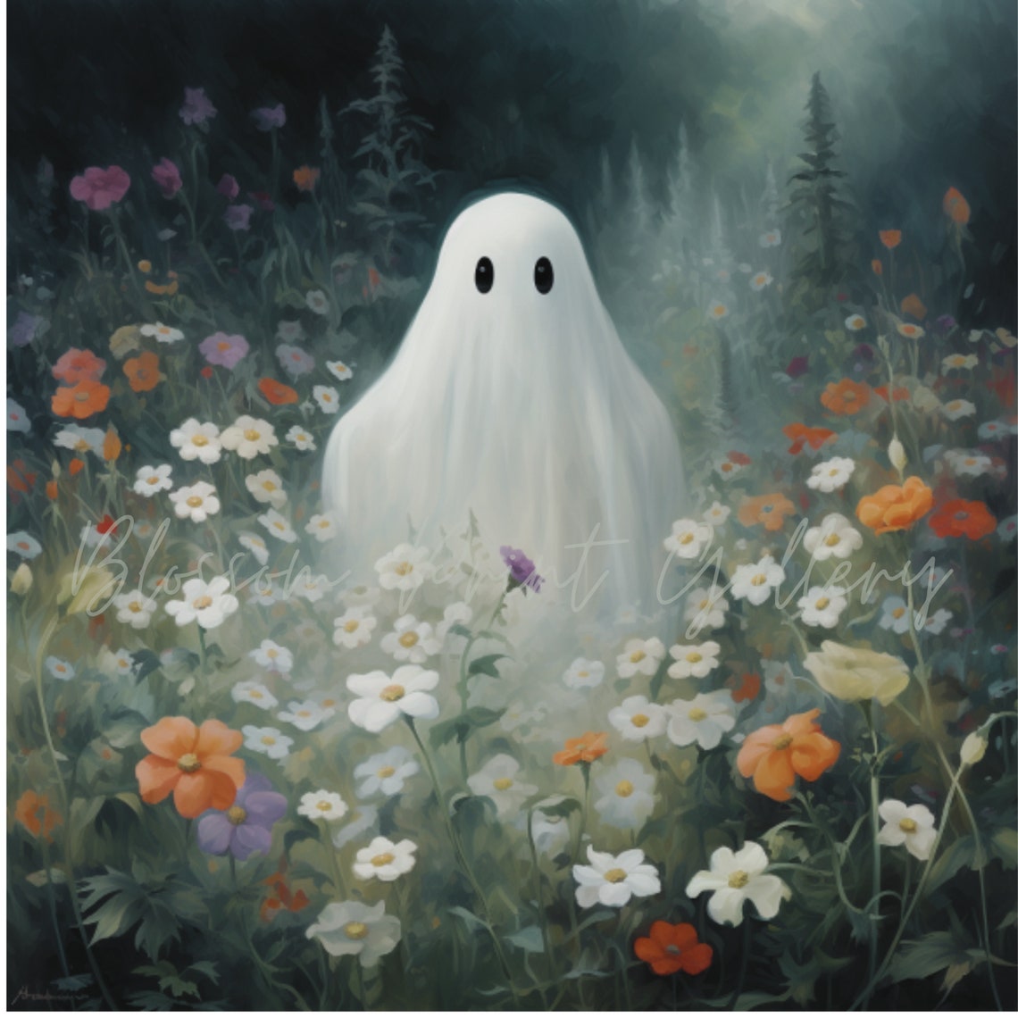 Cute Ghost Standing Wildflower Meadow At Dusk Halloween Art Poster - Image 3
