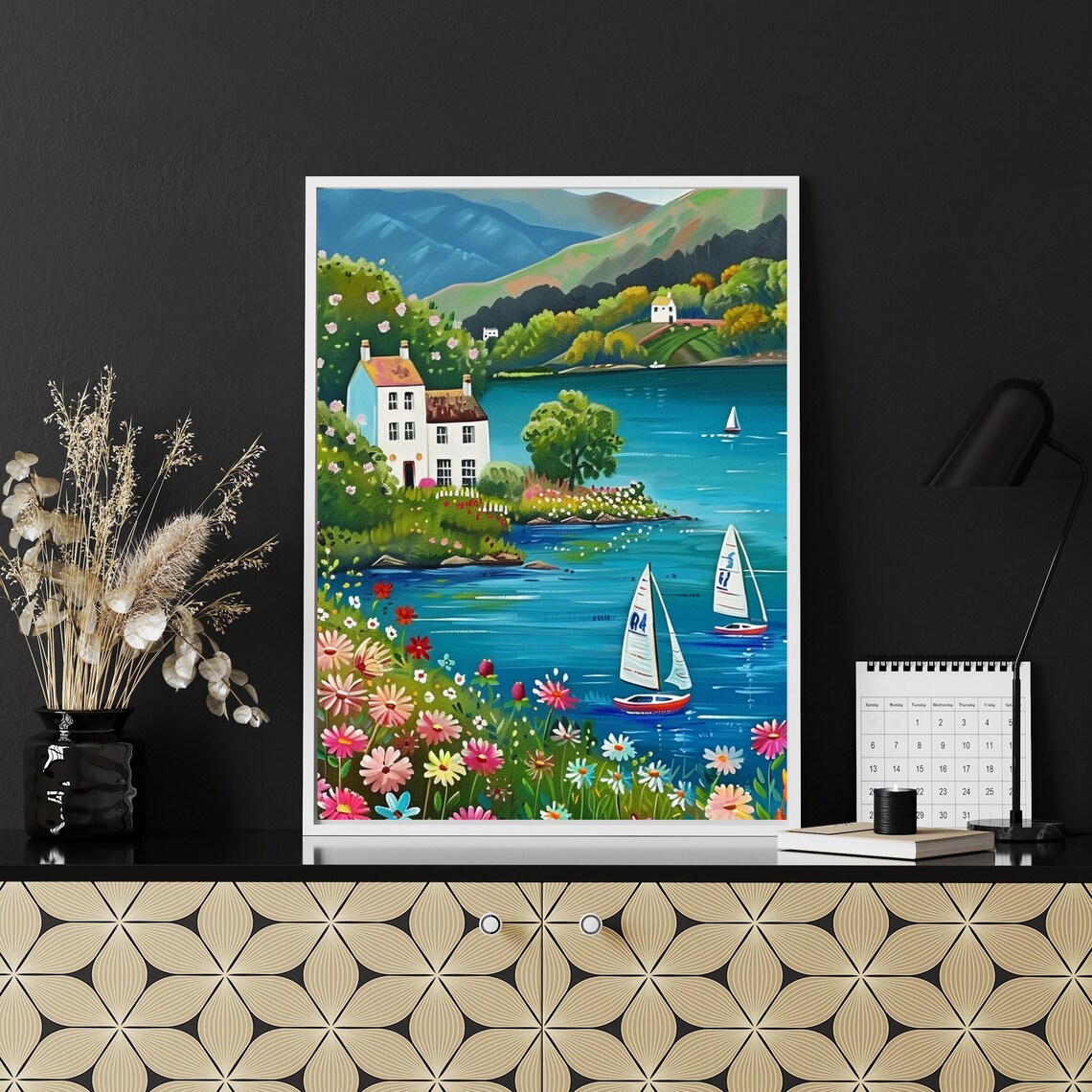 Vivid Coastal Lake Sailboats Folk Art Landscape Summer Poster - Image 4