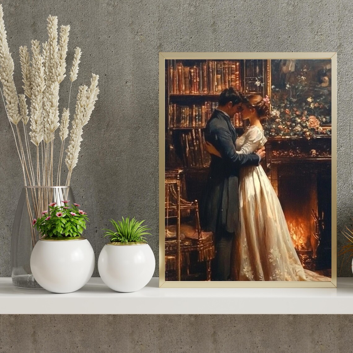 Romantic Couple Kiss Library Fireplace Vintage Love Painting Poster - Image 6
