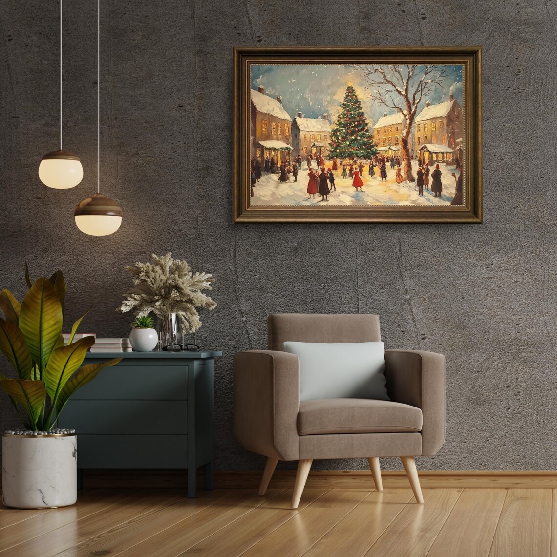 Vintage Village Christmas Tree Gathering Snowy Night Painting Poster - Image 6