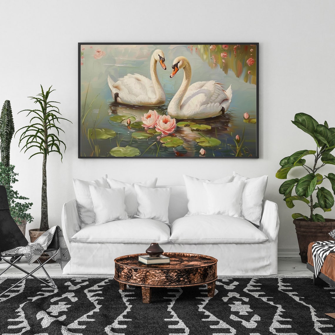 Two Graceful White Swans Beside Pink Water Lilies Pond Poster - Image 3