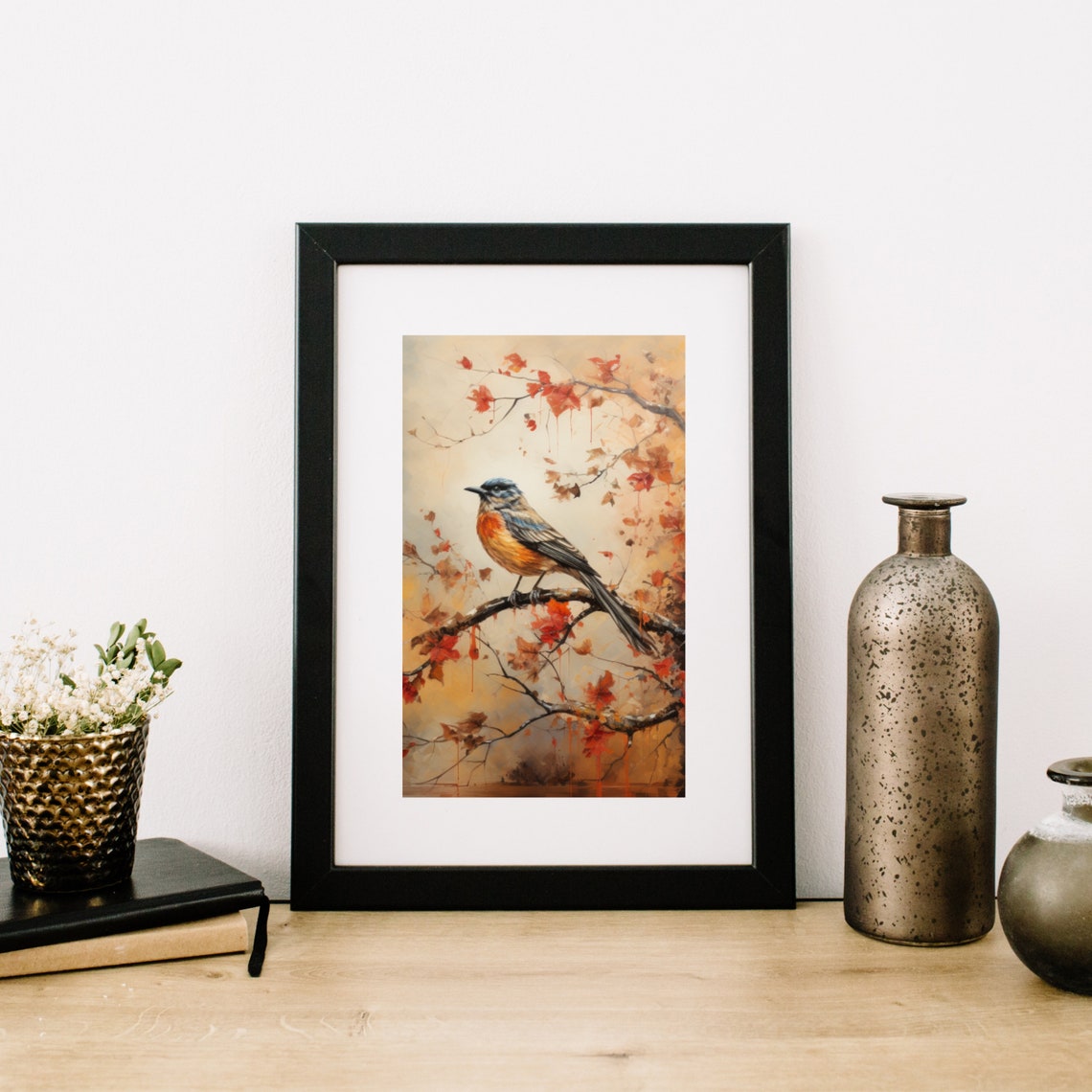 Orange Breasted Songbird On Autumn Branch Bird Painting Poster - Image 4