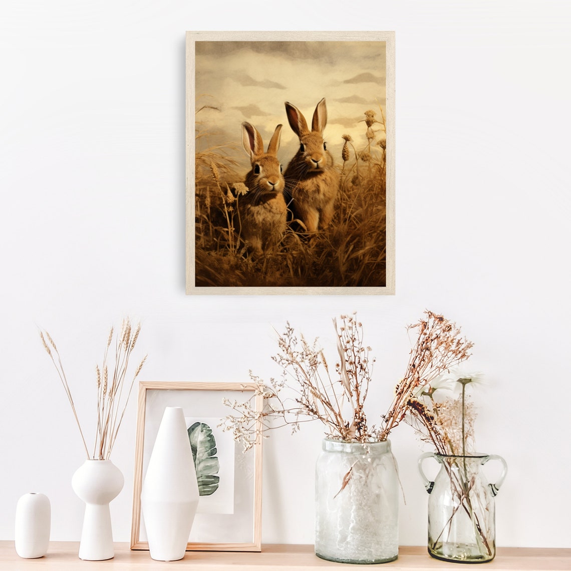 Two Brown Rabbits Golden Meadow Vintage Wildlife Painting Poster - Image 2