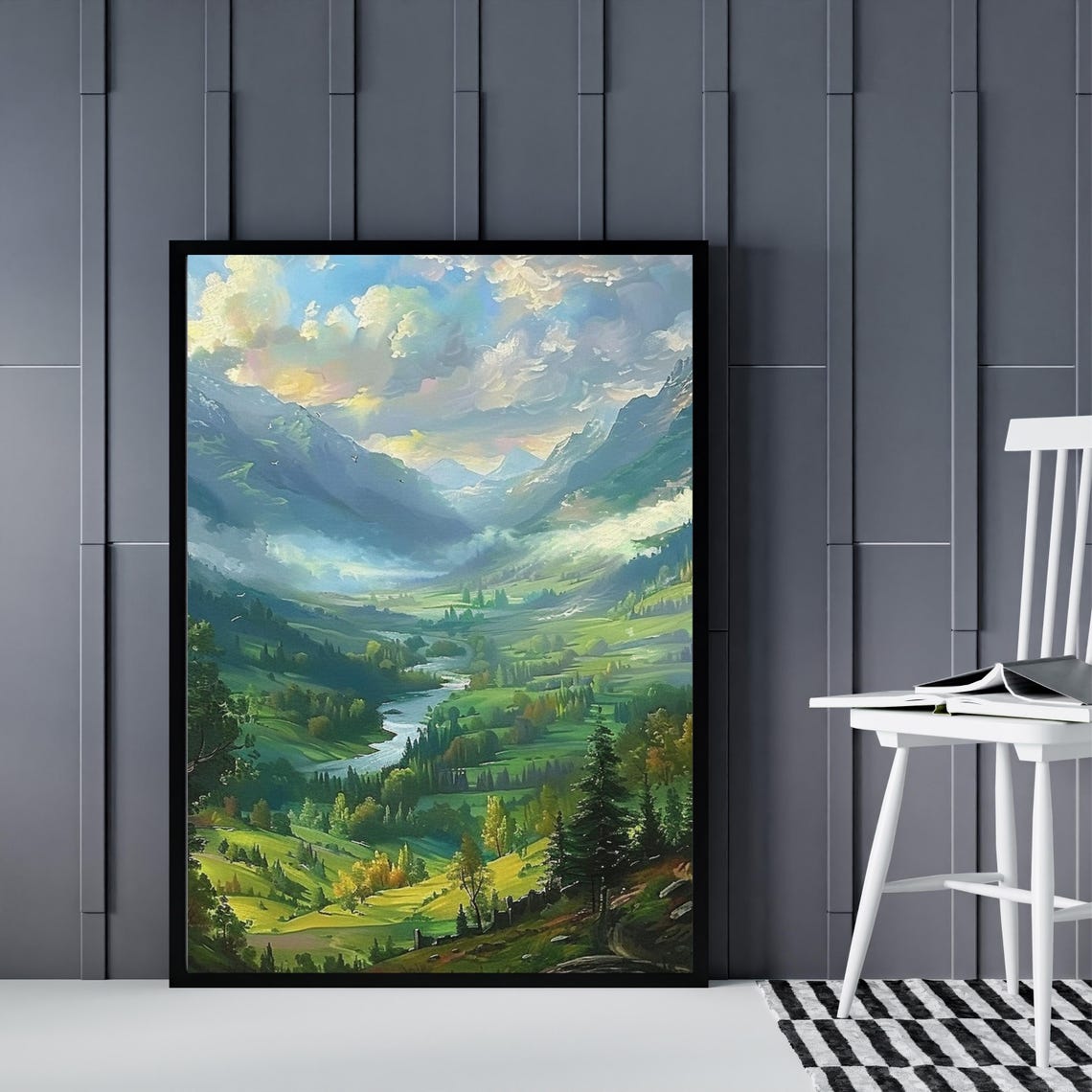 Green Mountain Valley River Landscape Spring Meadow Art Poster - Image 6