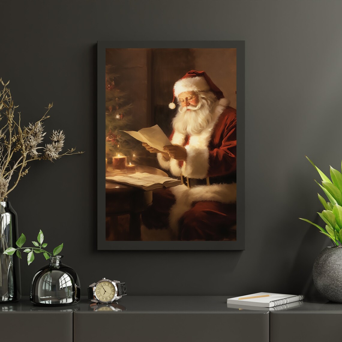 Santa Claus Reading Christmas Letter by Candlelight Vintage Oil Poster - Image 5