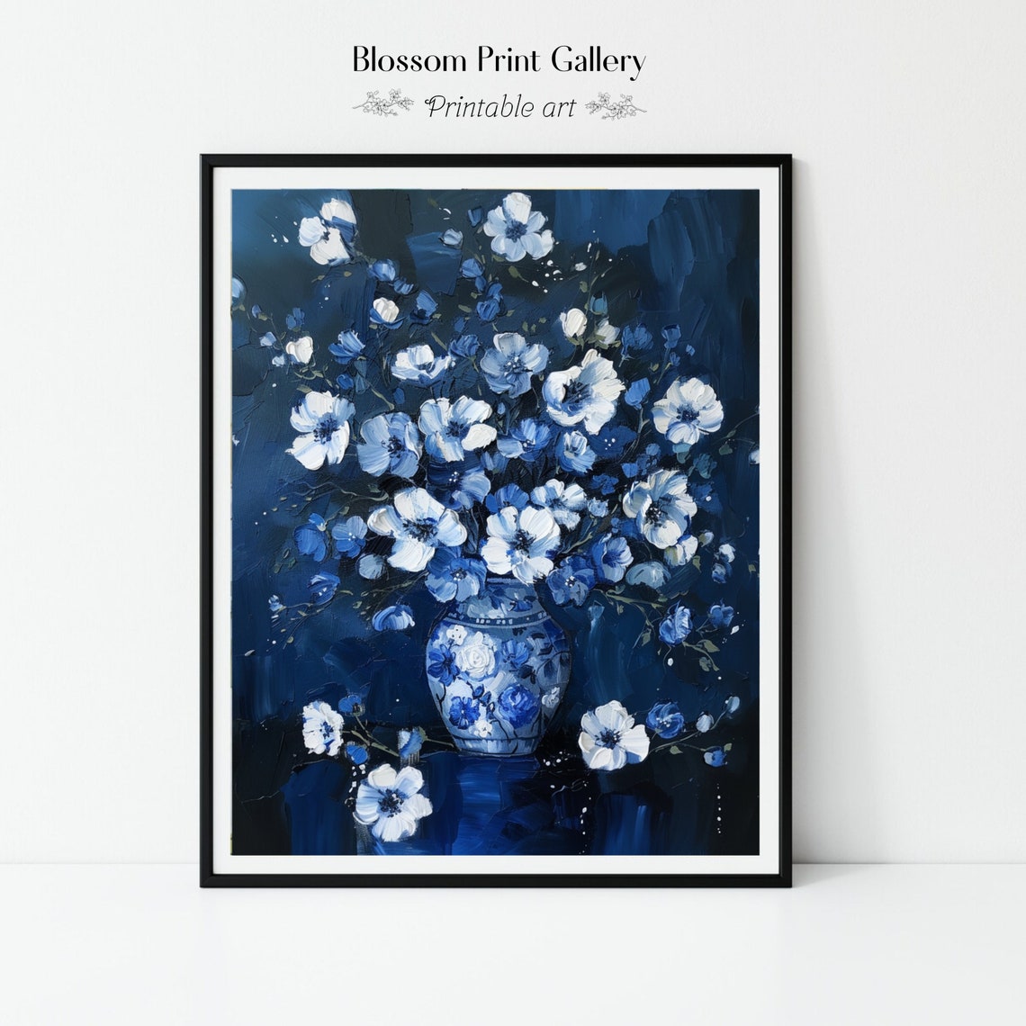 Blue And White Flowers In A Porcelain Vase On A Dark Background Print