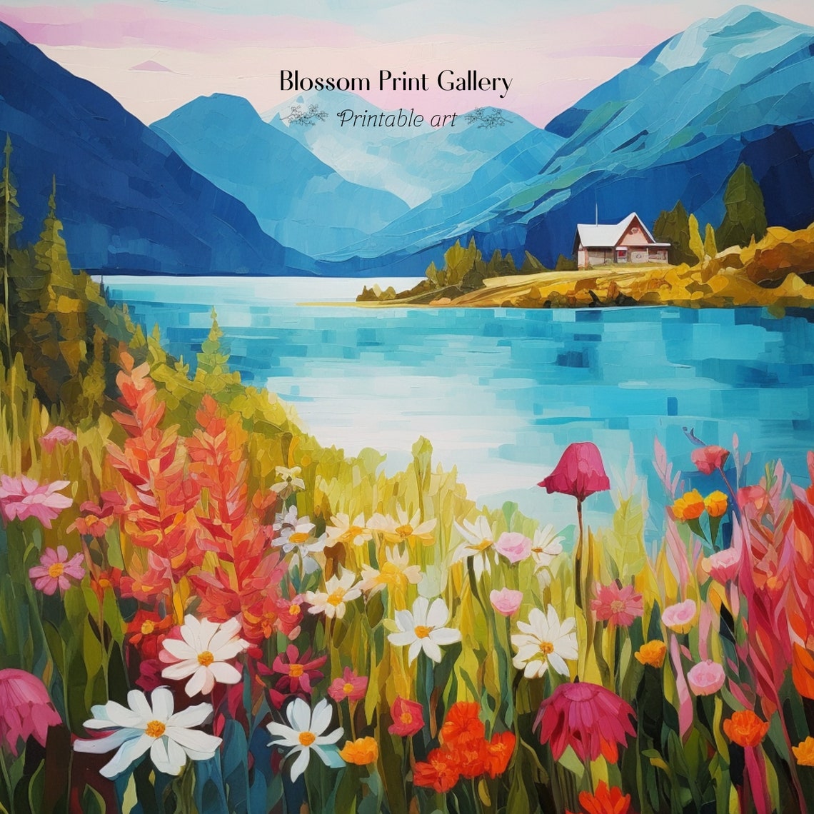 Bright Alpine Lake Cabin Wildflower Meadow Mountain Summer Poster - Image 2