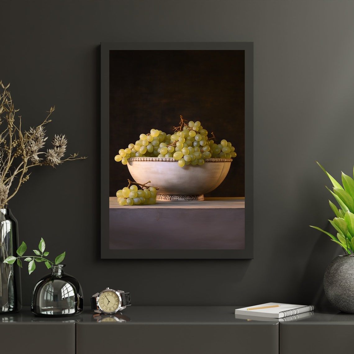 Green Grapes In White Ceramic Bowl Dark Background Still Life Poster - Image 6