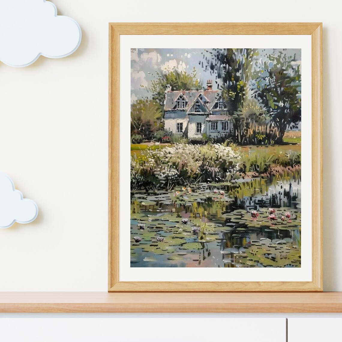 Country Cottage Beside Water Lily Pond Vintage Oil Art Poster - Image 3