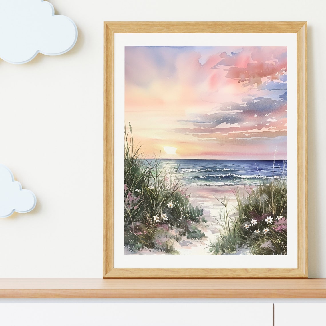 Pink Sunset Beach Path Watercolor Seascape Ocean Waves Poster - Image 4