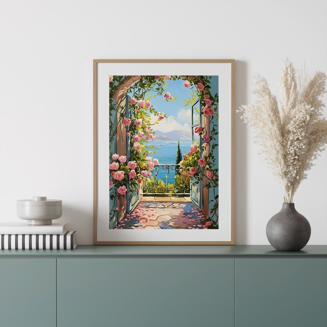 Pink Rose Covered Archway Overlooking the Blue Sea Garden Poster - Image 5