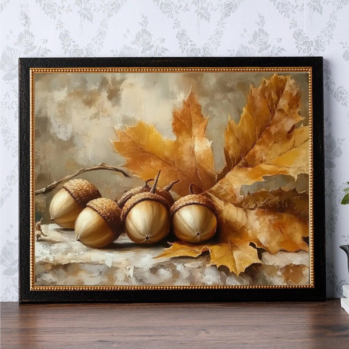 Acorns and Golden Oak Leaves Rustic Fall Still Life Wall Art - Image 6