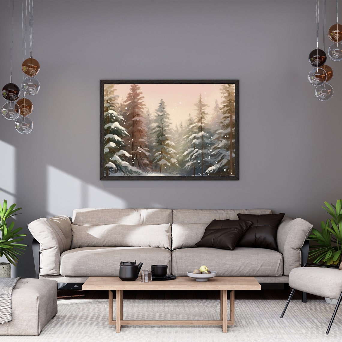 Snowy Pine Forest At Blush Pink Dusk In Falling Snowfall Print - Image 5