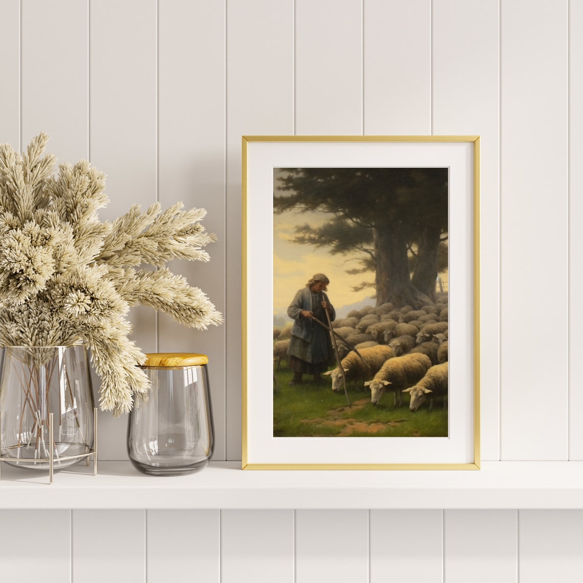 Shepherd With Sheep Flock Golden Sunset Pastoral Painting Poster - Image 4