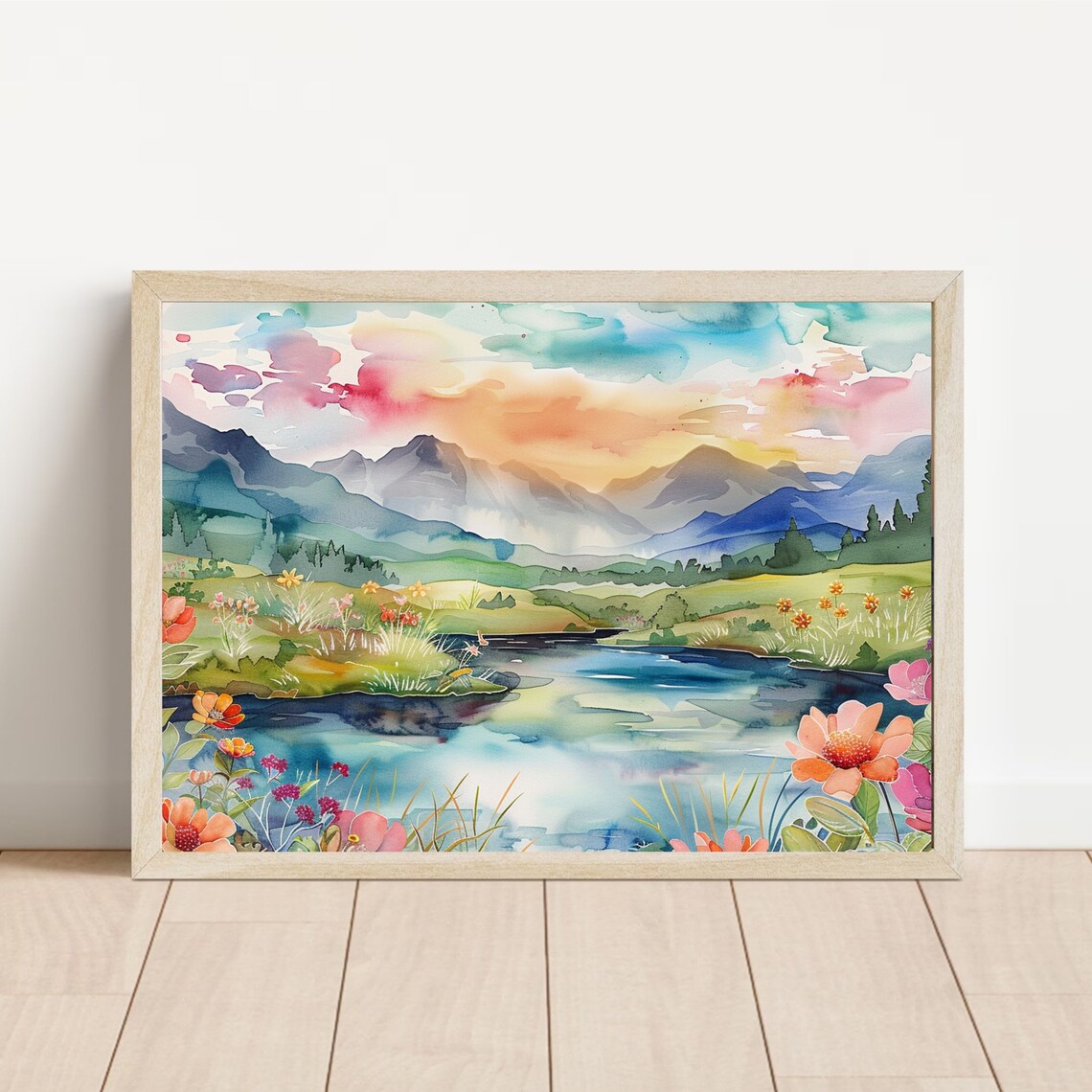 Watercolor Lake With Wildflowers And Mountains At Pastel Sunrise Print - Image 2