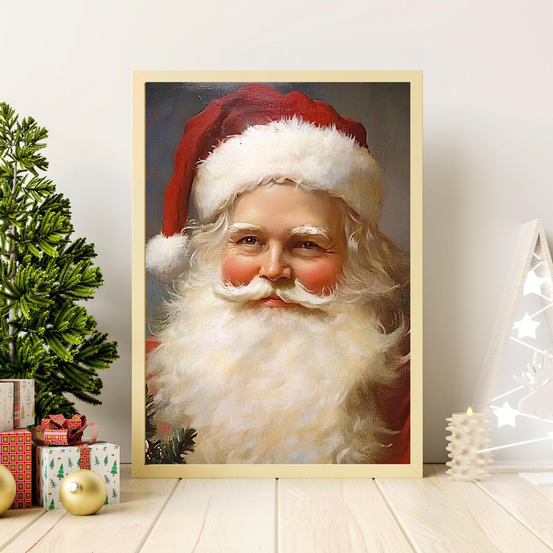 Retro Santa Claus Portrait with Red Hat and White Beard Poster - Image 2