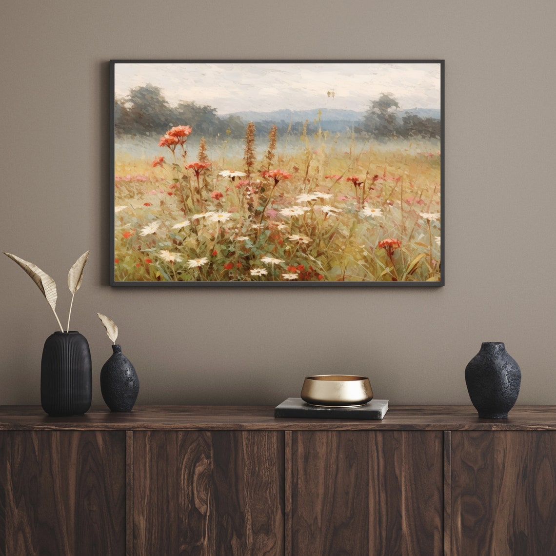 Spring Meadow Painting Vintage Landscape Art Vintage Farm House Country Field Oil Painting Wildflower Field 309 - Image 5