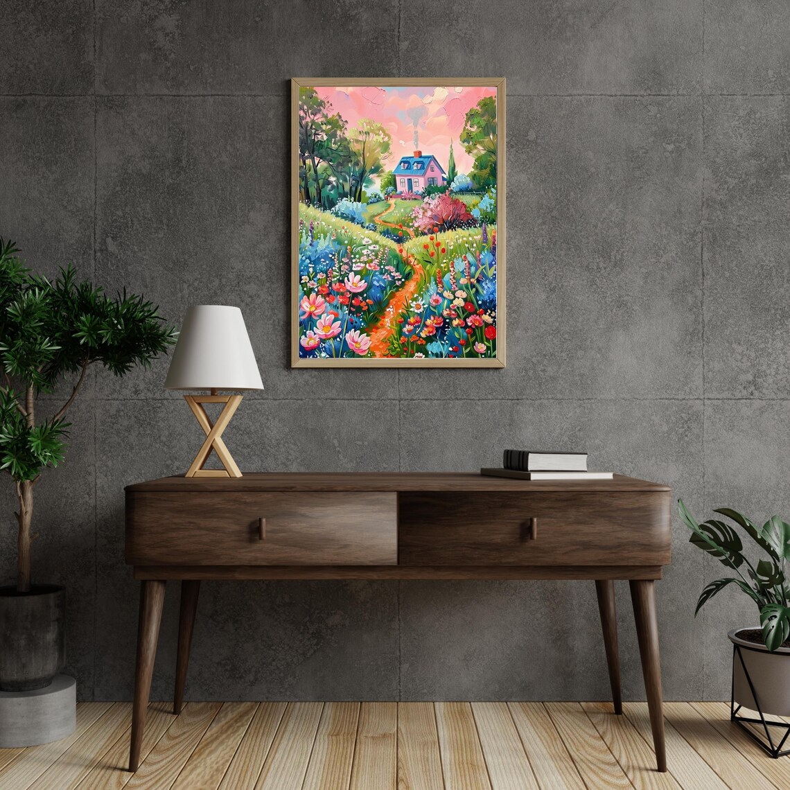 Colorful Farmhouse With Pink House Wildflower Path Pink Sky Art Poster - Image 6
