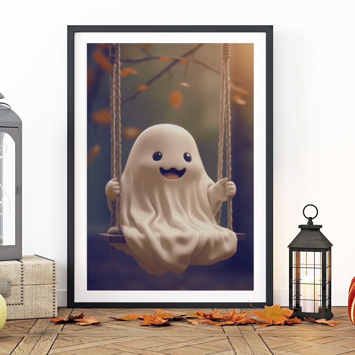 Adorable Smiling Ghost On Rope Swing Autumn Halloween Poster