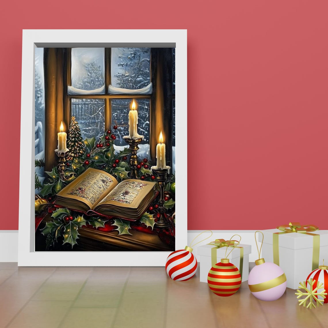 Christmas Window Candles Open Book Holly Snowy Night Wall Art - Image 6