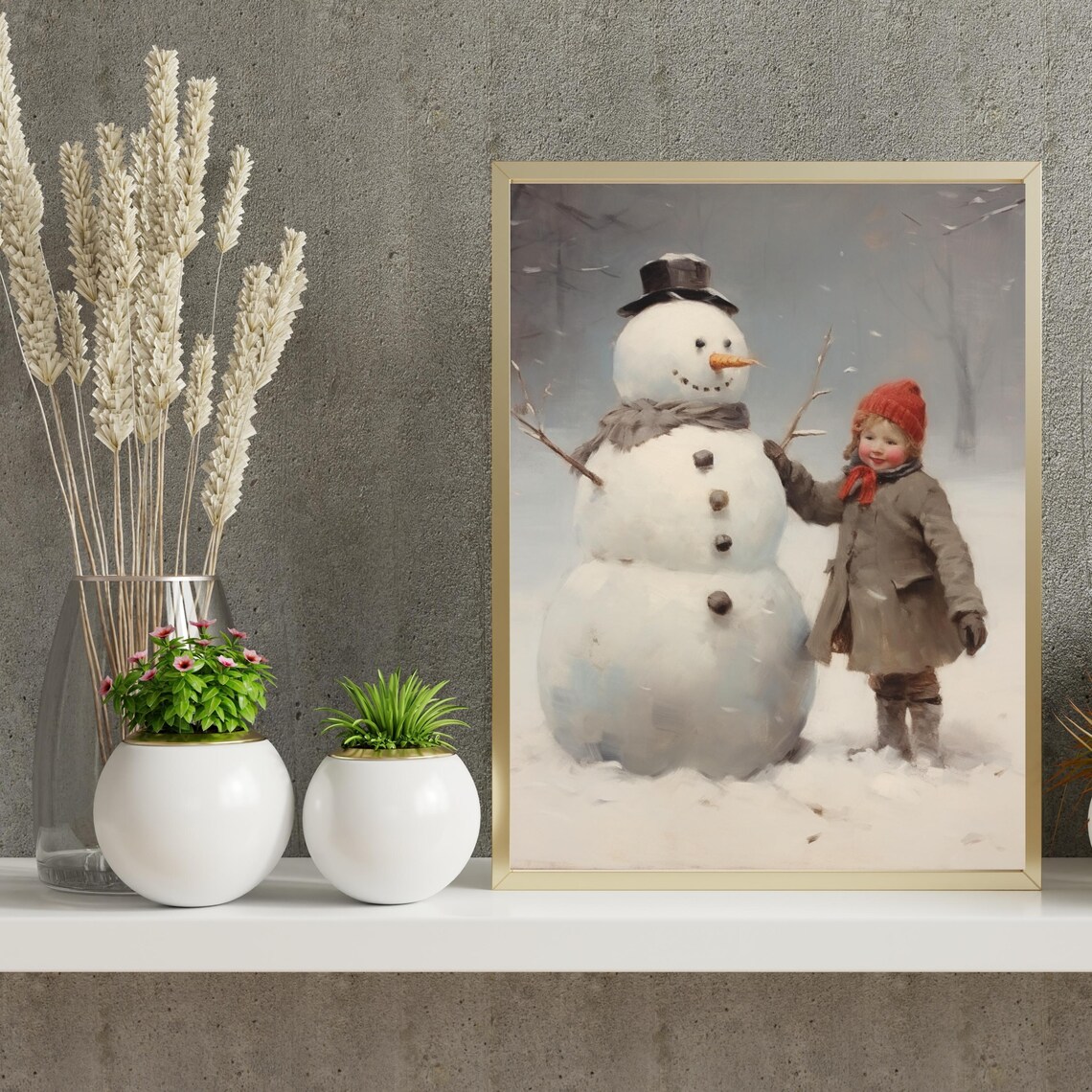 Girl Building Snowman Christmas Print Christmas Snowman Decor Farmhouse Artwork Winter Holiday Vintage Christmas Print 745 - Image 6