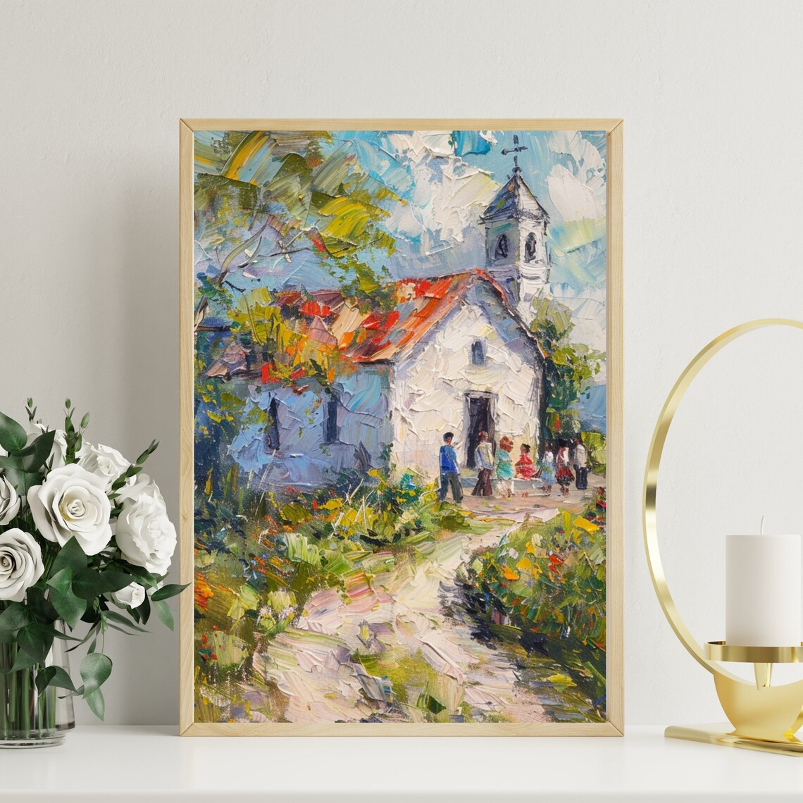 Village Church with Red Roof Impasto Style Spring Painting Poster - Image 4