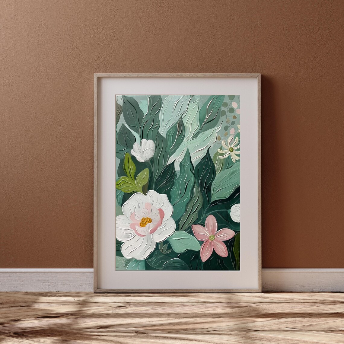 Sage Green Botanical with White Magnolias Oil Painting Poster - Image 5