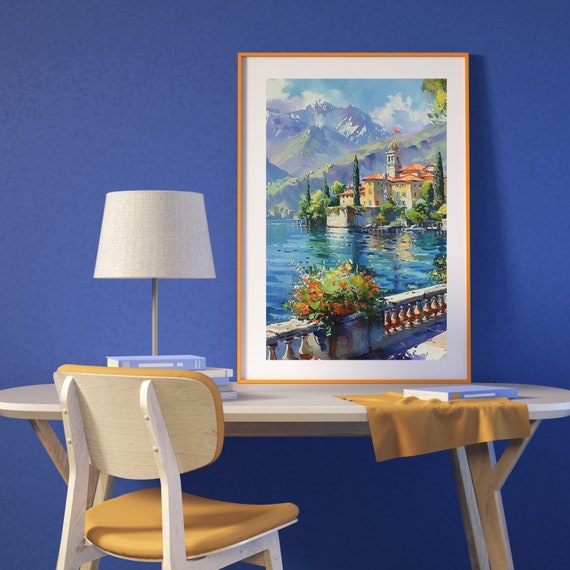 Italy Como Lake Watercolor Painting Vibrant Landscape Print Travel Art Aesthetic Nature Wall Art Italy Landscape 530