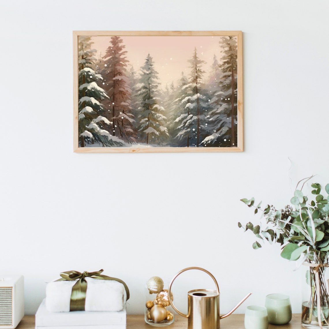 Snowy Pine Forest At Blush Pink Dusk In Falling Snowfall Print - Image 4