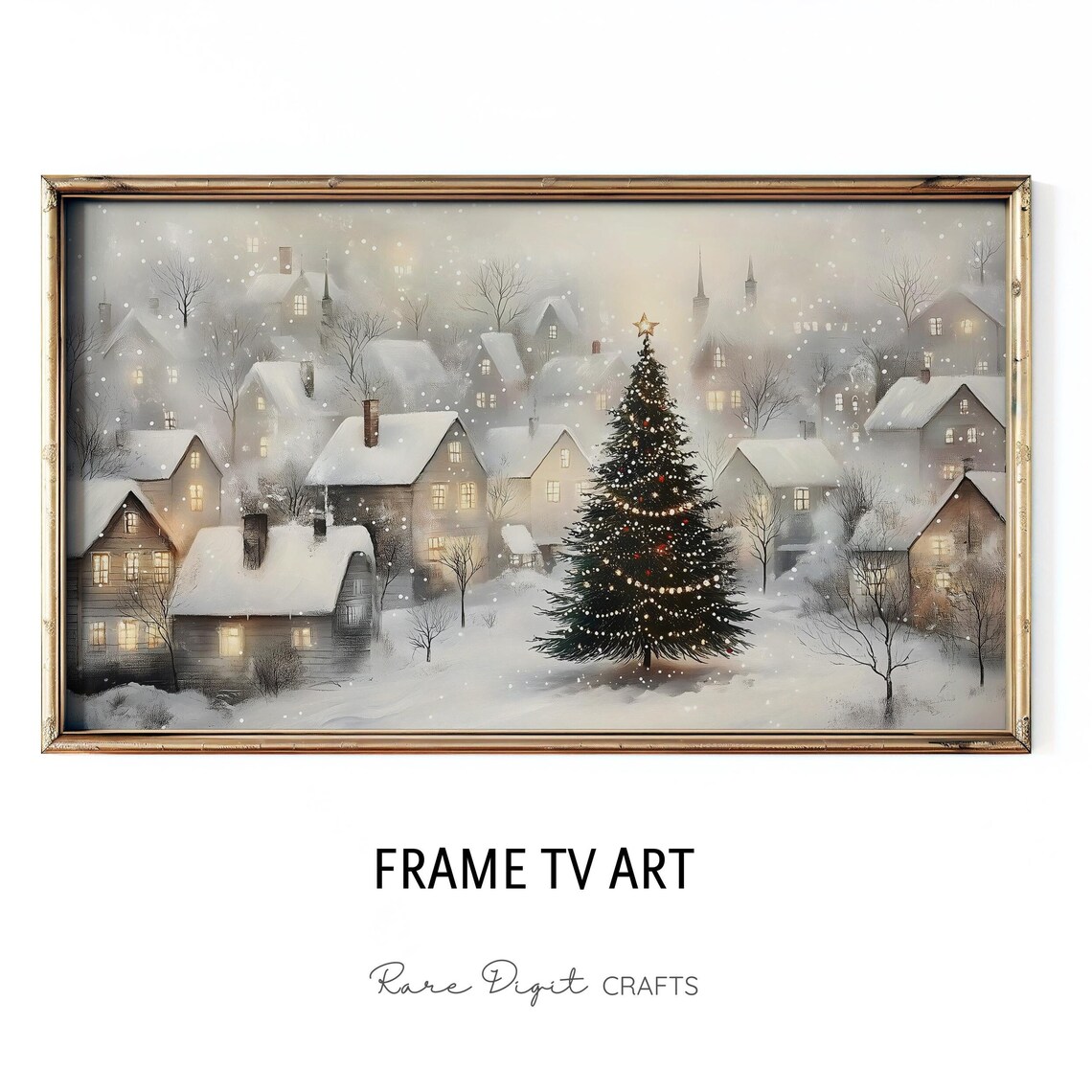 Christmas Tree Frame TV Art, Snowy Winter Village