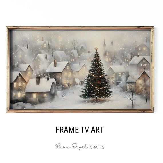 Christmas Tree Frame TV Art, Snowy Winter Village