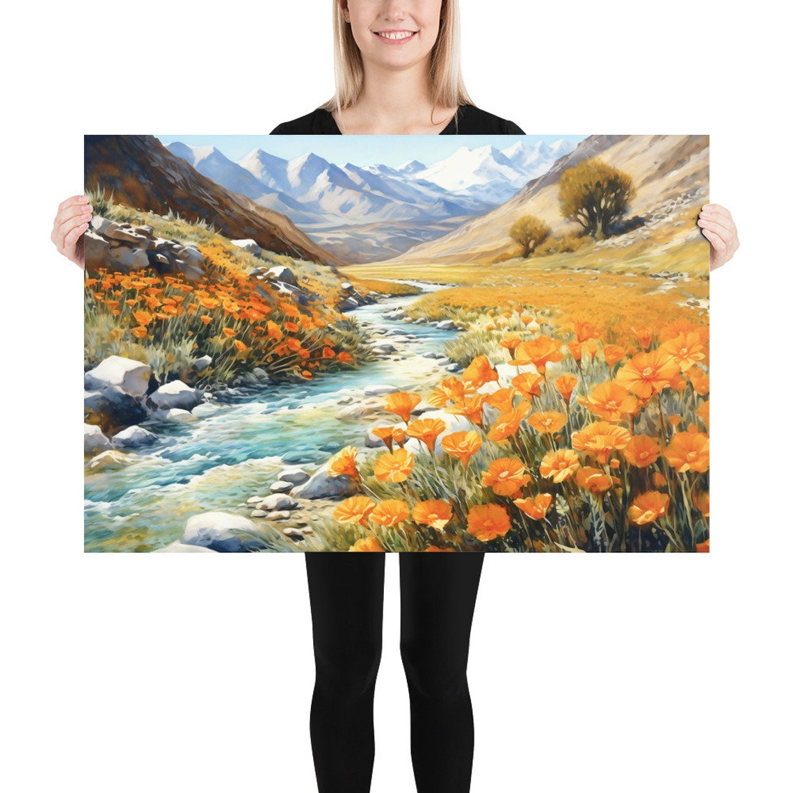 California Poppy Watercolor Poster, Mountain Landscape - Image 2