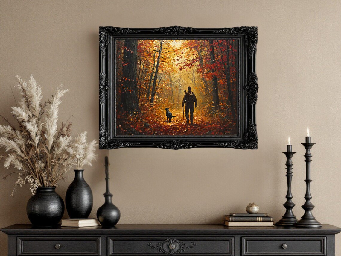 Autumn Forest Man And Dog, Rustic Landscape Print - Image 2