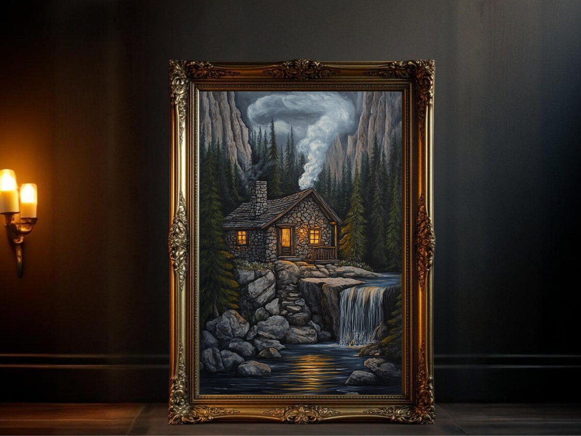 Rustic Cabin Waterfall Painting, Nature Landscape