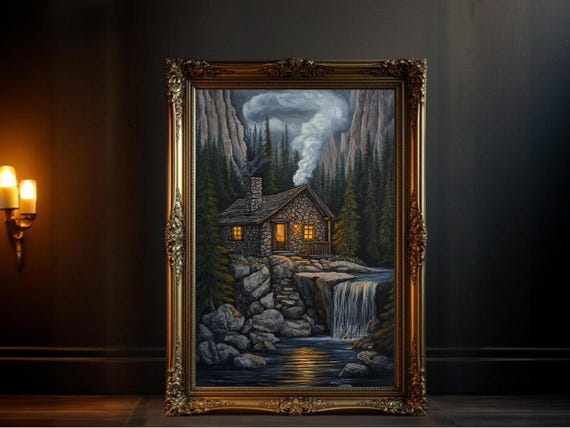 Rustic Cabin Waterfall Painting, Nature Landscape