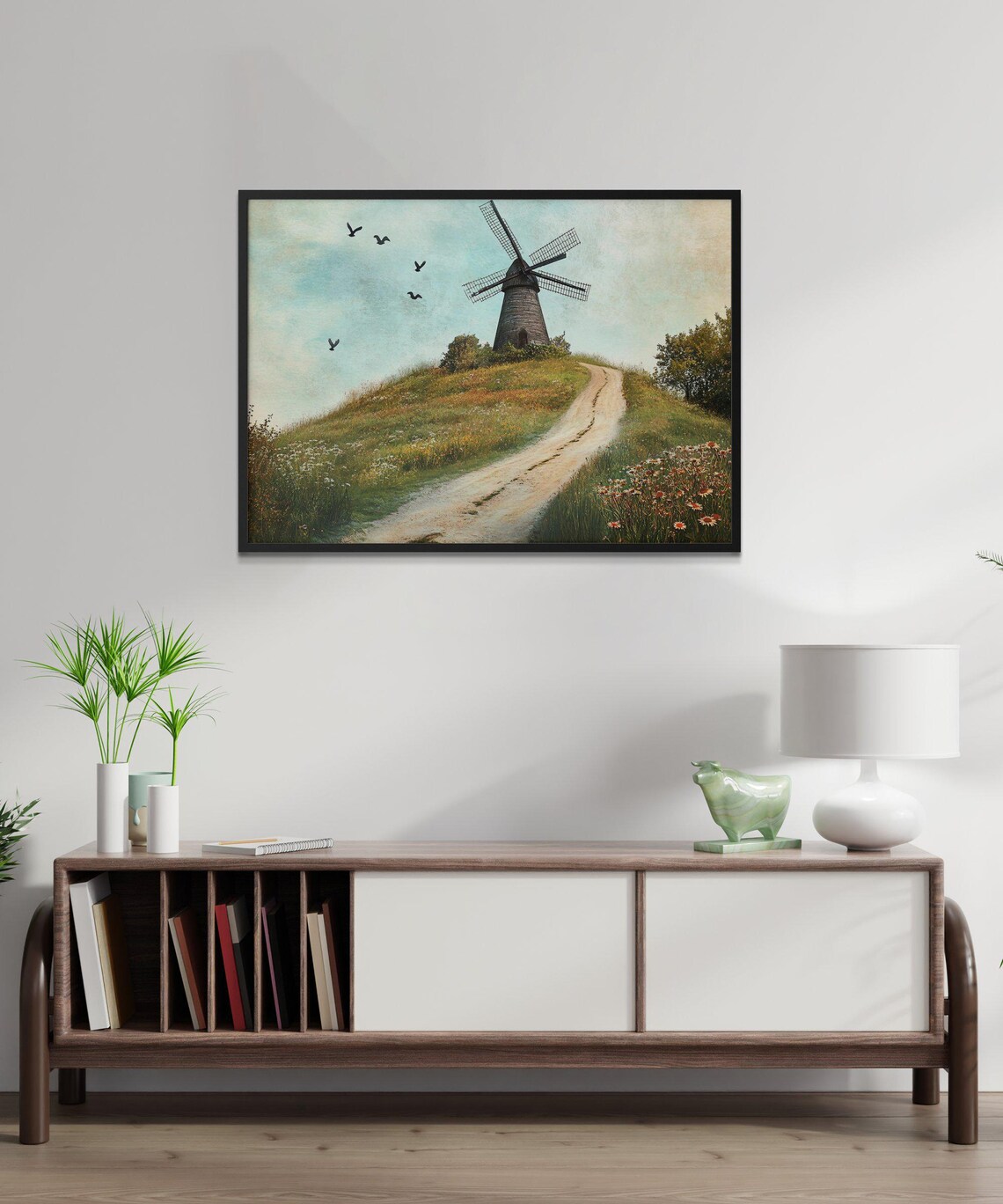 Vintage Windmill Landscape, Rustic Farmhouse Scene - Image 2