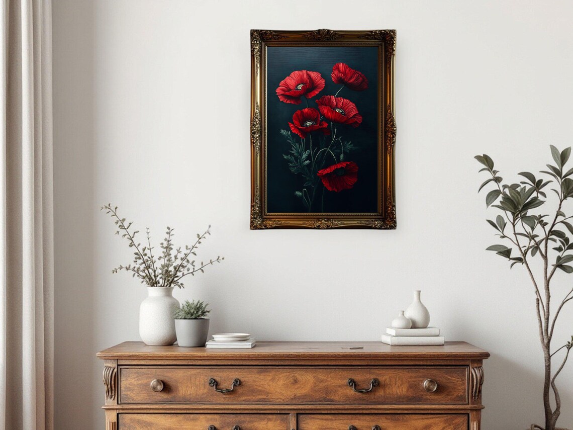 Poppy Flower Vintage Oil Painting Botanical Art - Image 3