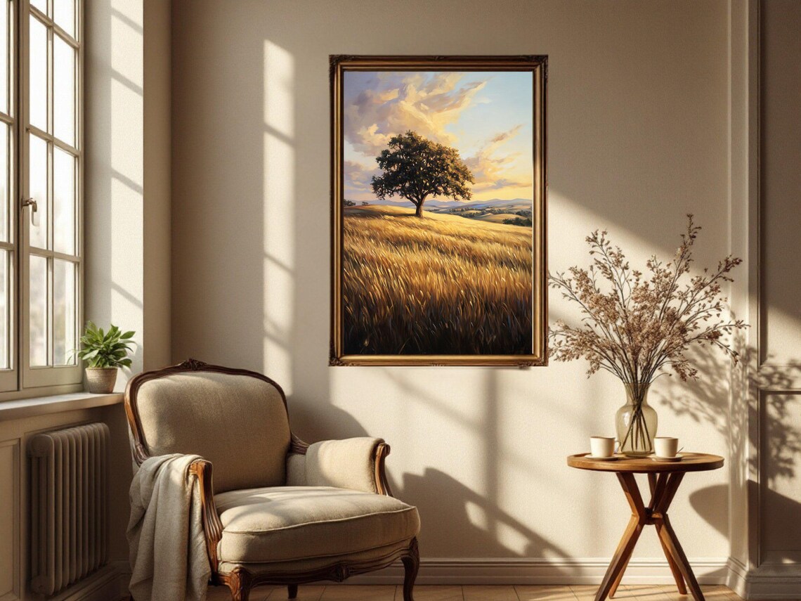 Tree In Field Sunset Landscape, Rustic Countryside Scene - Image 3