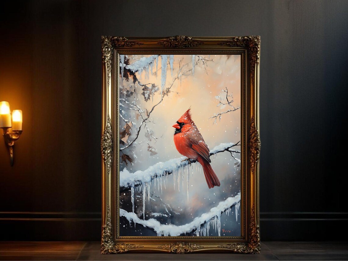 Winter Cardinal Painting, Peaceful Winter Nature Art Print