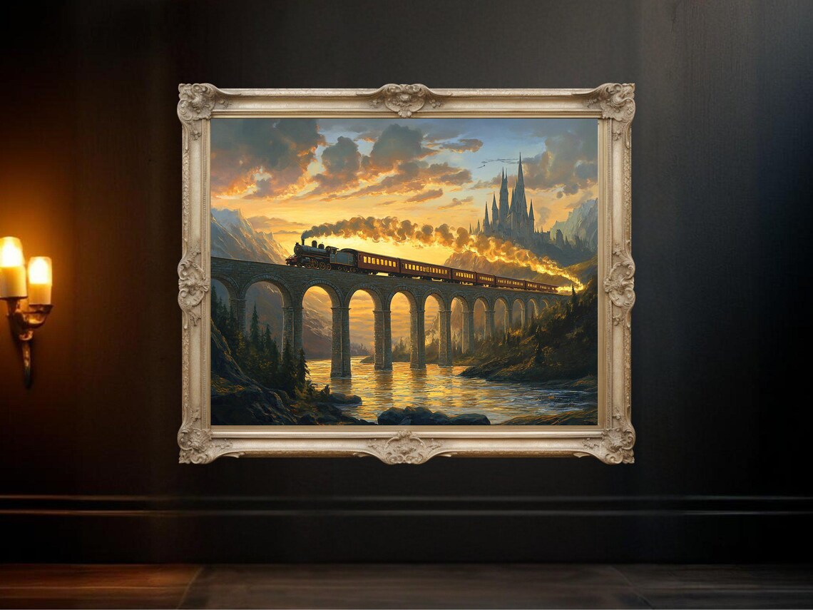 Vintage Train, Sunset Railway Bridge Travel Poster