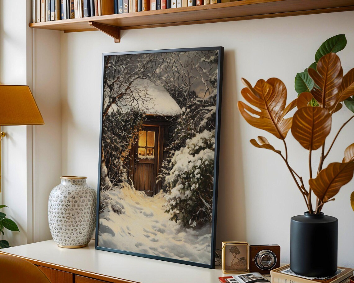 Rustic Winter Cabin, Cozy Snowy Night Art Print - Image 2