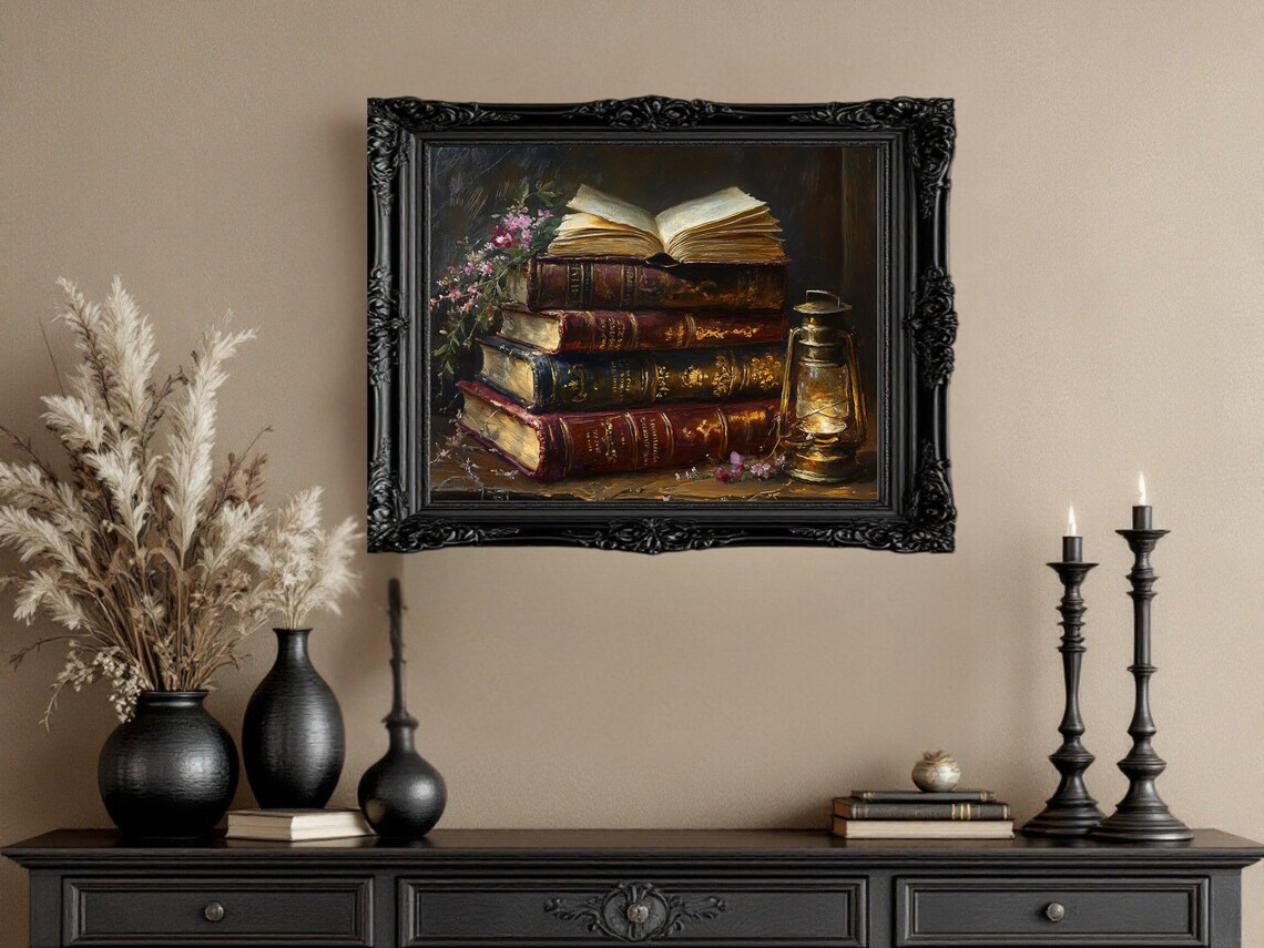 Vintage Book Stack With Antique Lantern And Flowers - Image 3