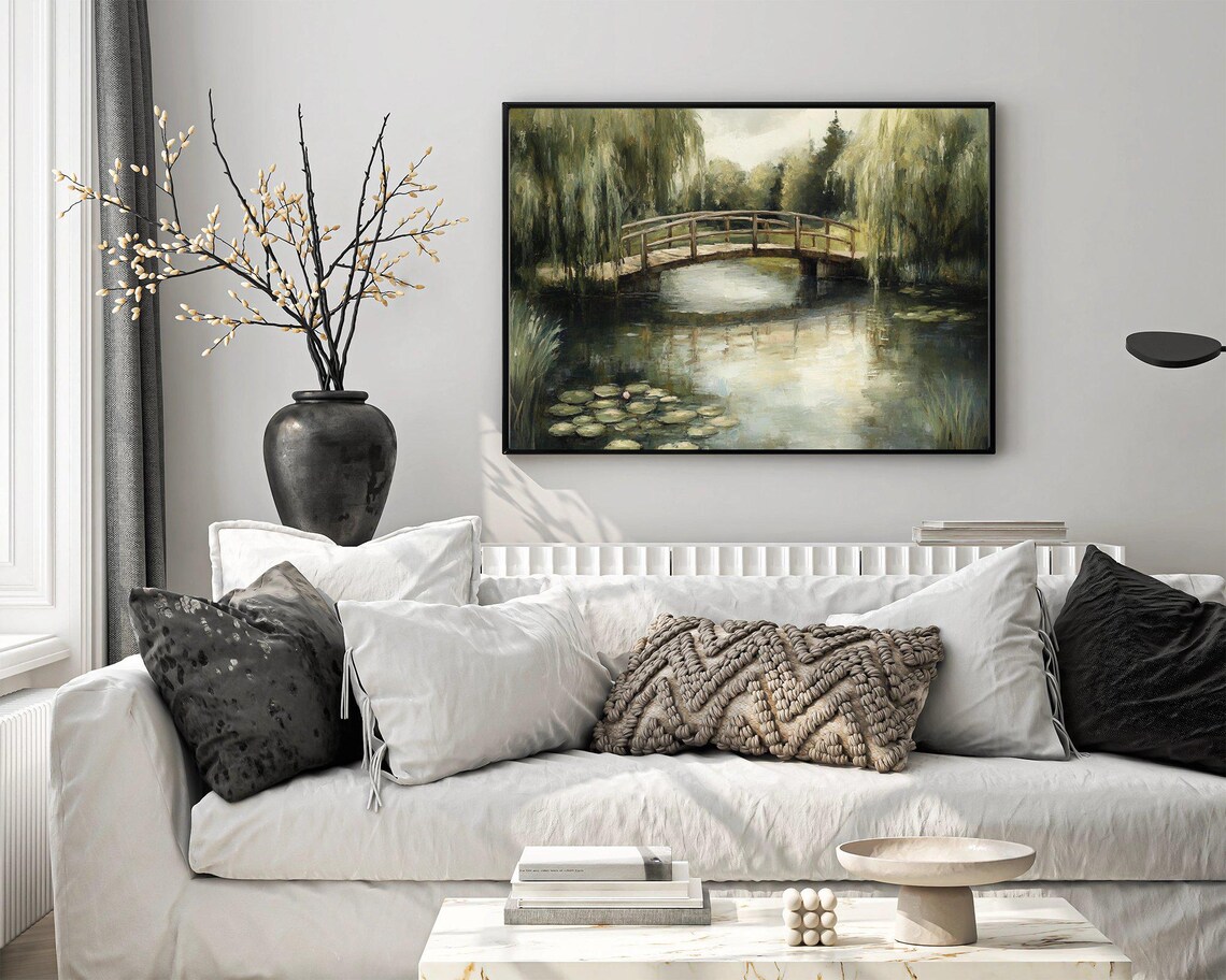 Tranquil Willow Tree Bridge Landscape Art Print - Image 3