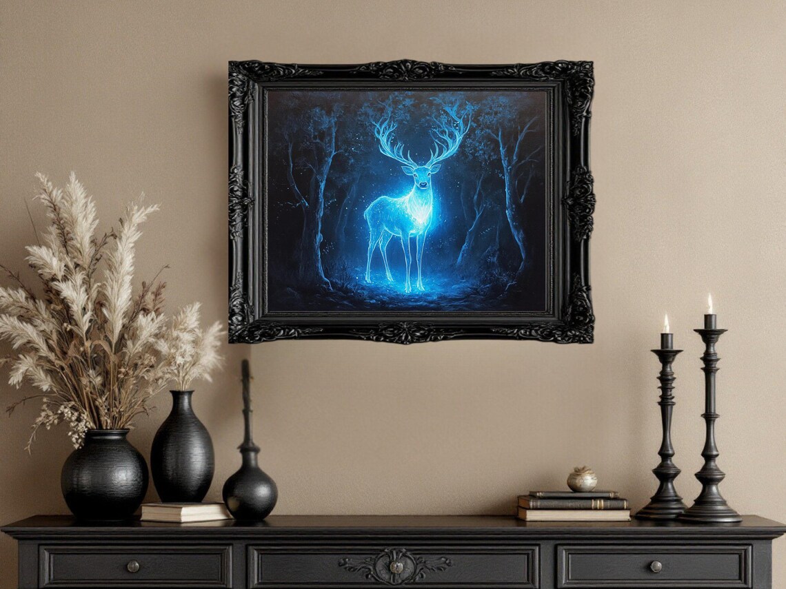 Magical Blue Glowing Deer Forest Fantasy Art Print - Image 3