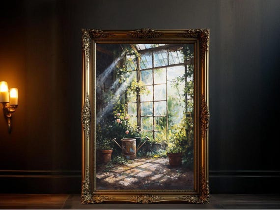 Sunlit Garden Scene, Dark Academia Botanical Art Print