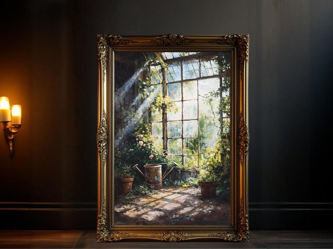 Sunlit Garden Scene, Dark Academia Botanical Art Print