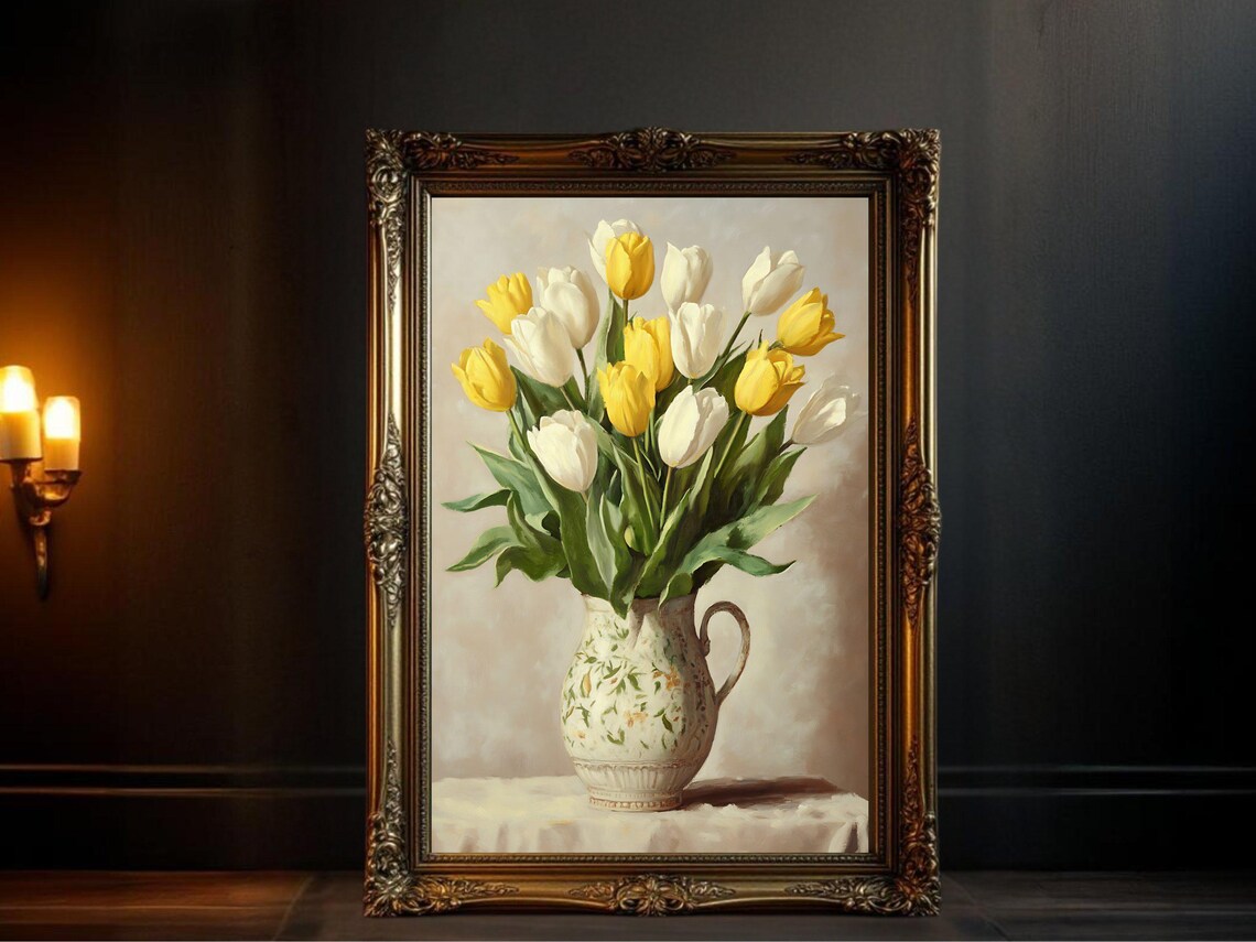 Yellow And White Tulips, Vintage Vase Art Print