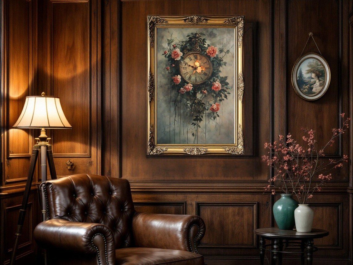 Vintage Oil Painting, Antique Clock With Roses - Image 2